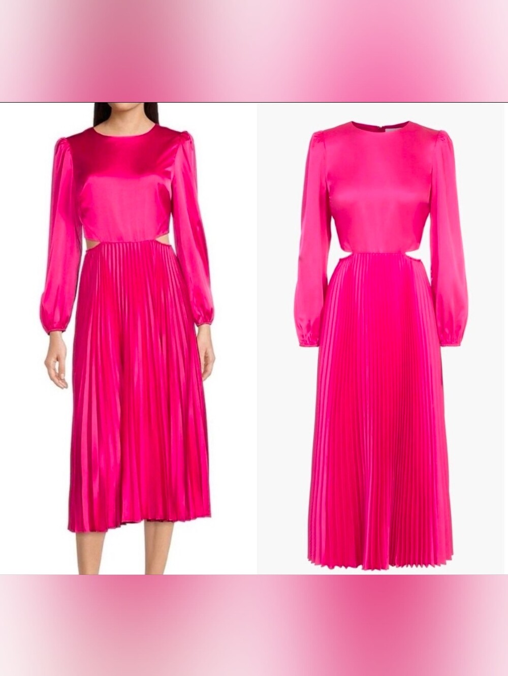 Women's Fuchsia Pleated Satin Midi Dress.